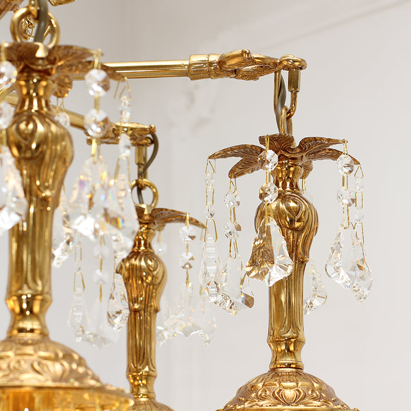 Close-up of intricate brass workmanship on vintage style chandelier
