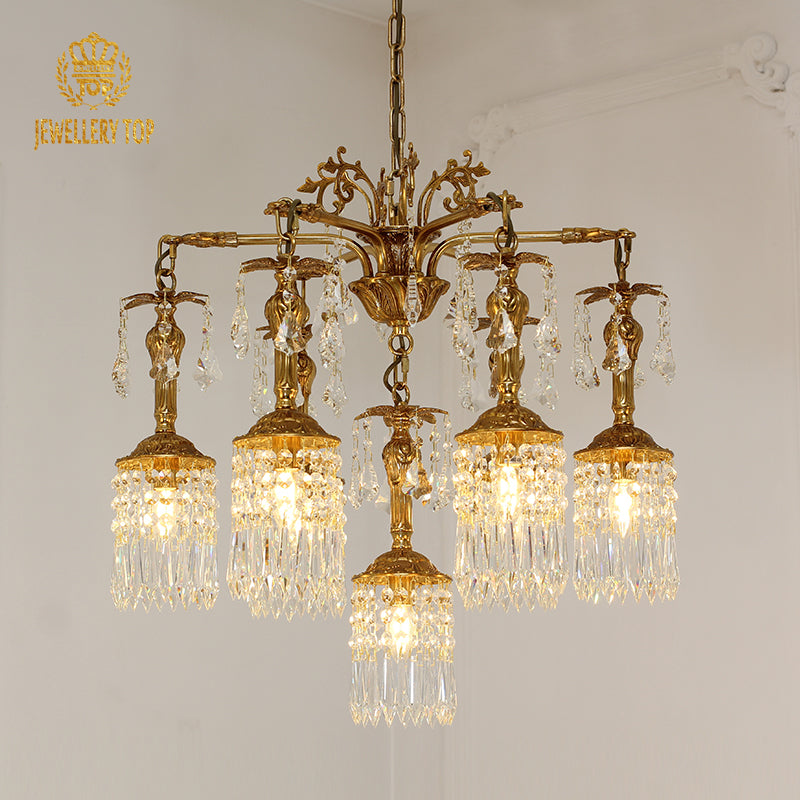 Antique chandelier design highlighting crystal and brass craftsmanship.
