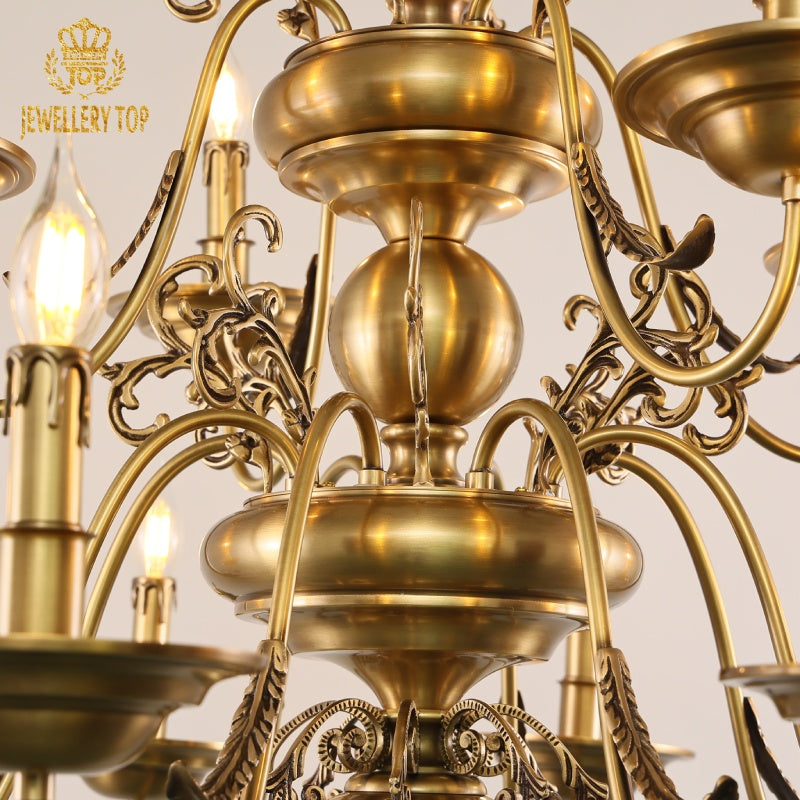 Mythology-themed brass chandelier fluted drip pans and warm glow