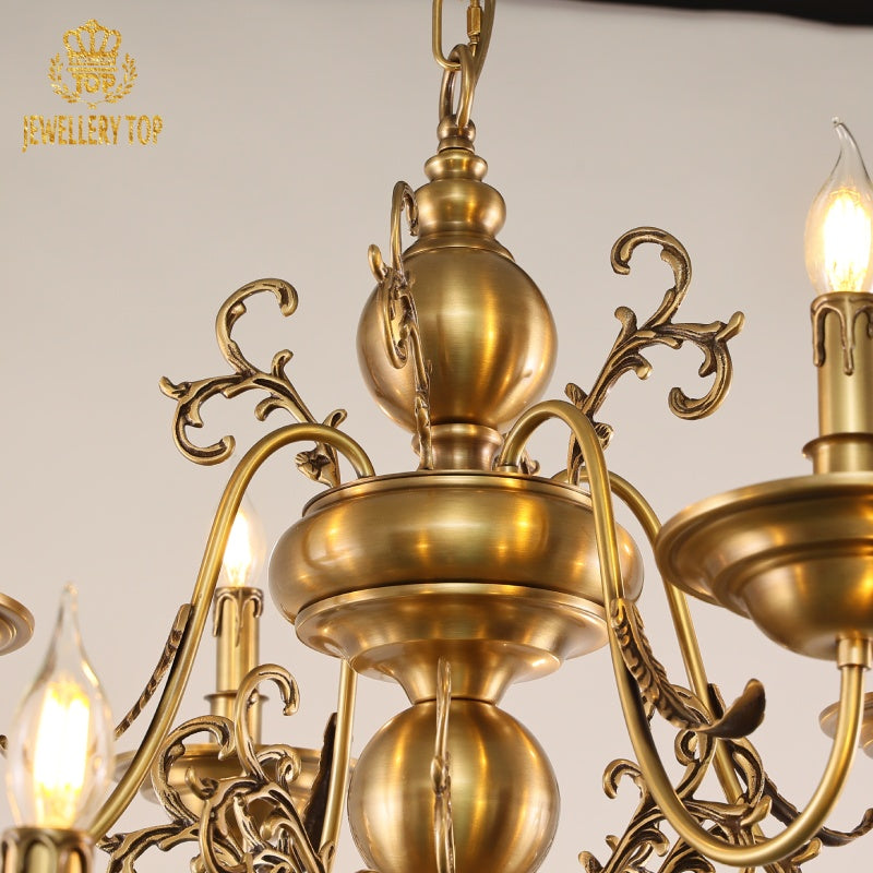 Aged Georgian chandelier chains and nautical-patina brass close-up