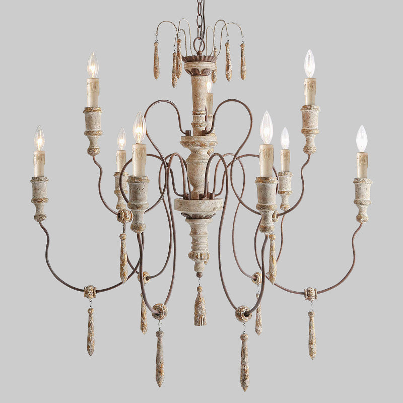Hand-turned wooden barley sheaf carvings on rustic dining room pendant light