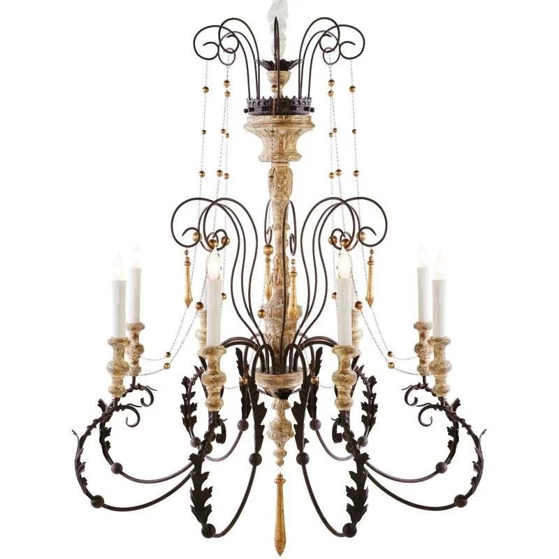 French vintage farmhouse chandelier with iron scroll arms and oak medallion in a rustic kitchen