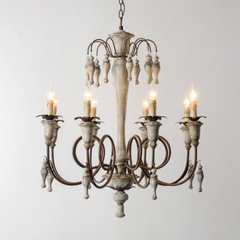 Reclaimed oak column with aged bark texture on vintage wood chandelier
