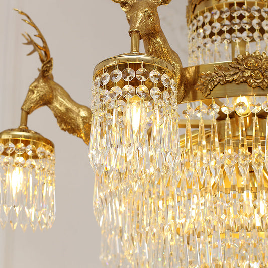Elegant cascading crystal prisms reflecting light on a luxurious chandelier