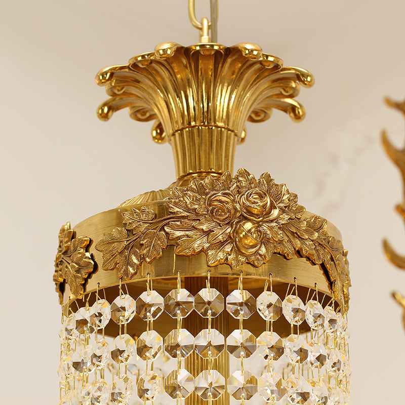 lose-up of deer-head brass detailing on the French crystal chandelier