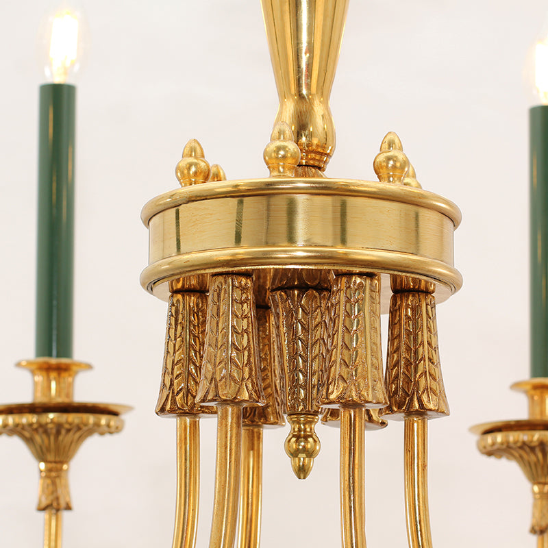 Detailed brass and crystal design on the French candelabra chandelier