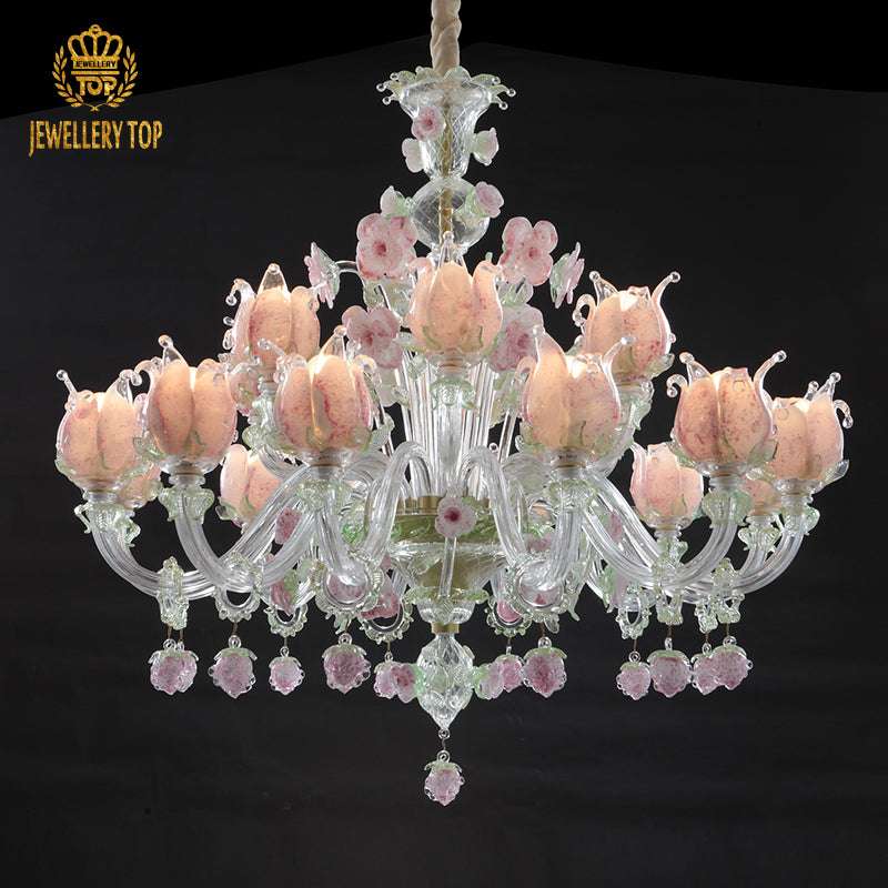 Murano Floral Glass Chandelier Pink&Green