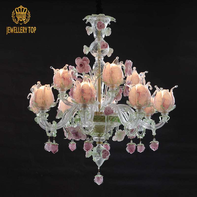 Murano Floral Glass Chandelier Pink&Green