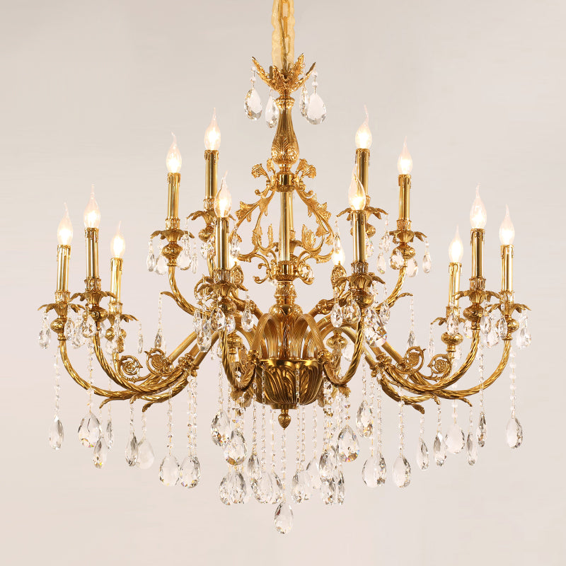 Angled perspective showcasing the elegant, vintage design of the chandelier.