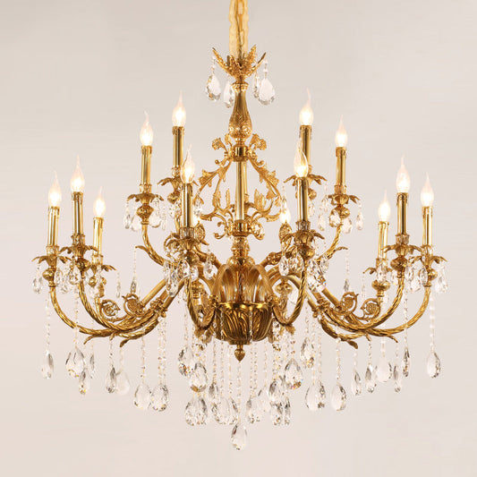 Angled perspective showcasing the elegant, vintage design of the chandelier.