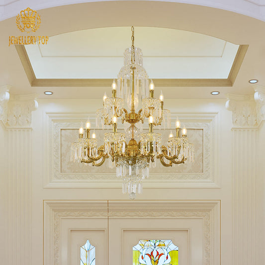 French crystal chandelier casting a shimmering light in a luxurious room