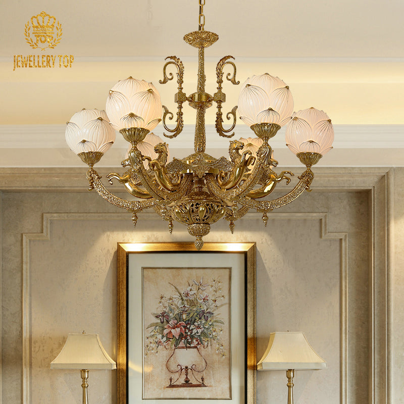 Full view of the antique French chandelie showcasing winged horse sculptures and warm illumination.