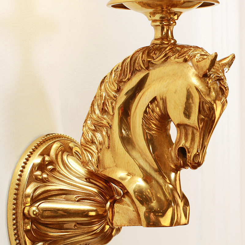 Close-up of the sculpted horse head with a lustrous metal finish