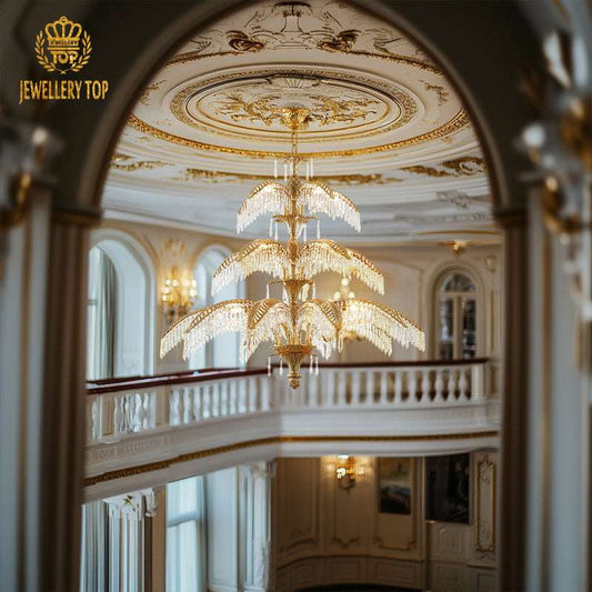 Tropical luxury lighting – The Palme d'Or Palm Chandelier in grand interior.