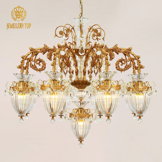 Antique-inspired brass chandelier arms adorned with crystal glass elements.