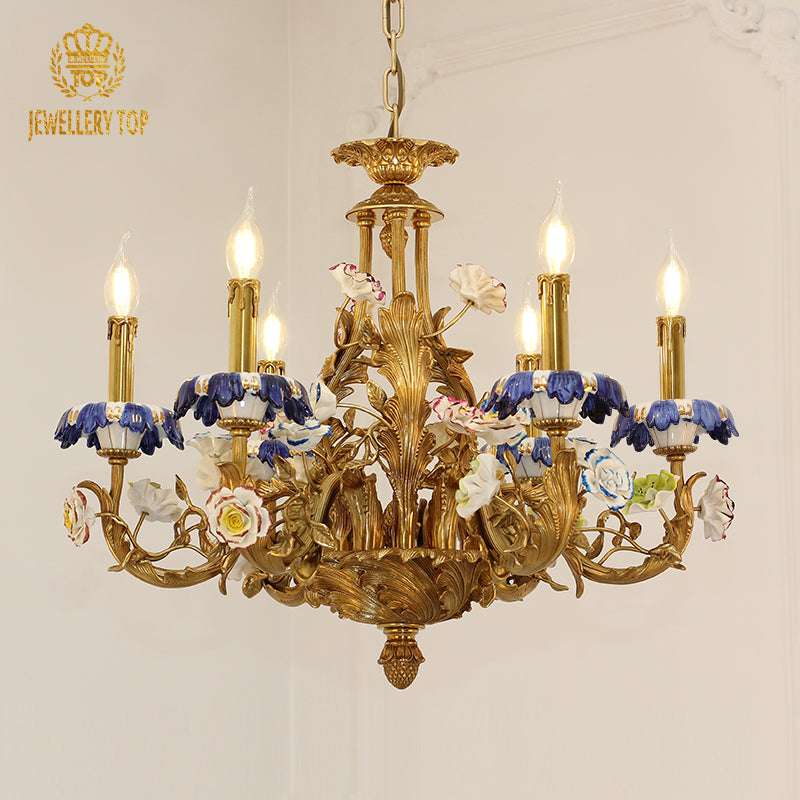 Verdant Bloom floral chandelier with brass frame and ceramic floral accents