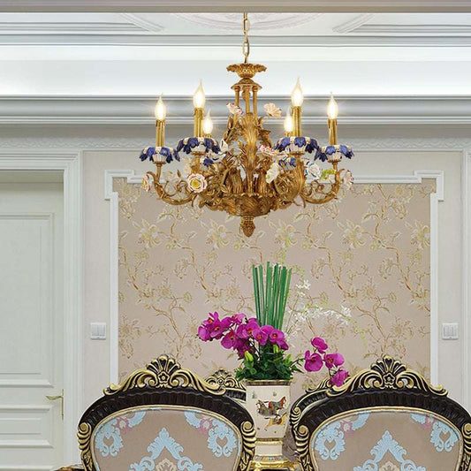 Victorian-inspired ceramic chandelier with floral pattern and brass finish
