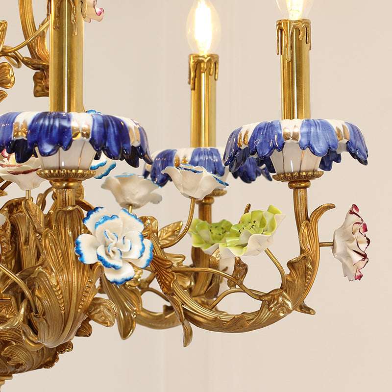 Close-up of ceramic floral motifs on Victorian style chandelier