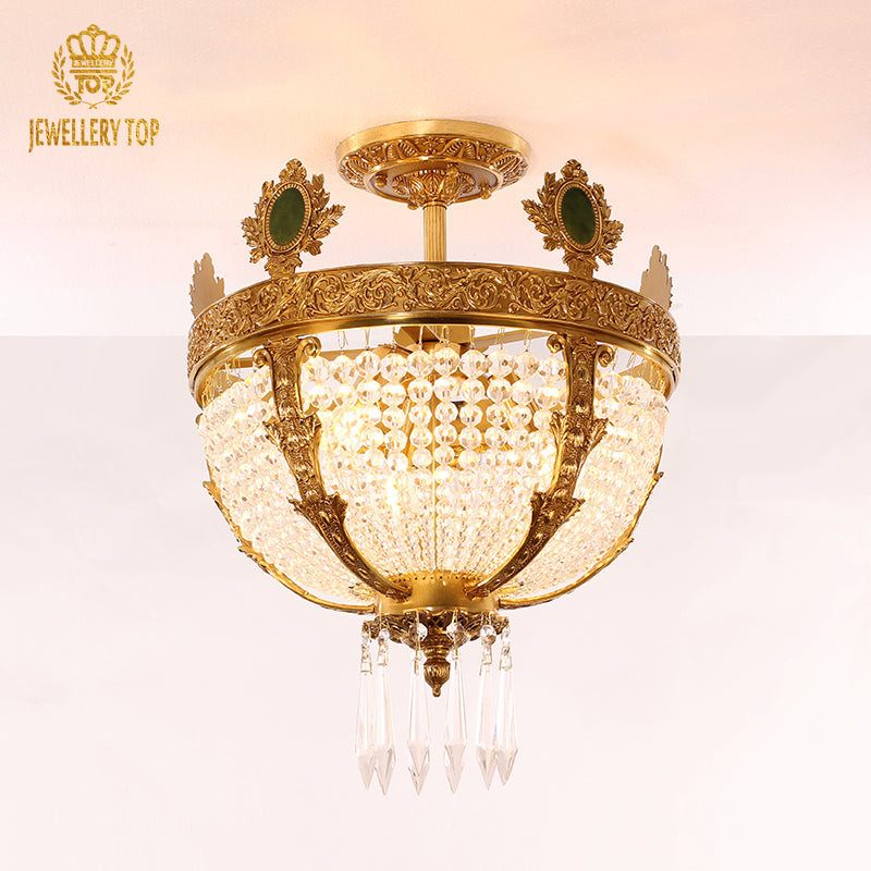 Verdisco vintage flush mount ceiling light with antique brass and green medallion details.