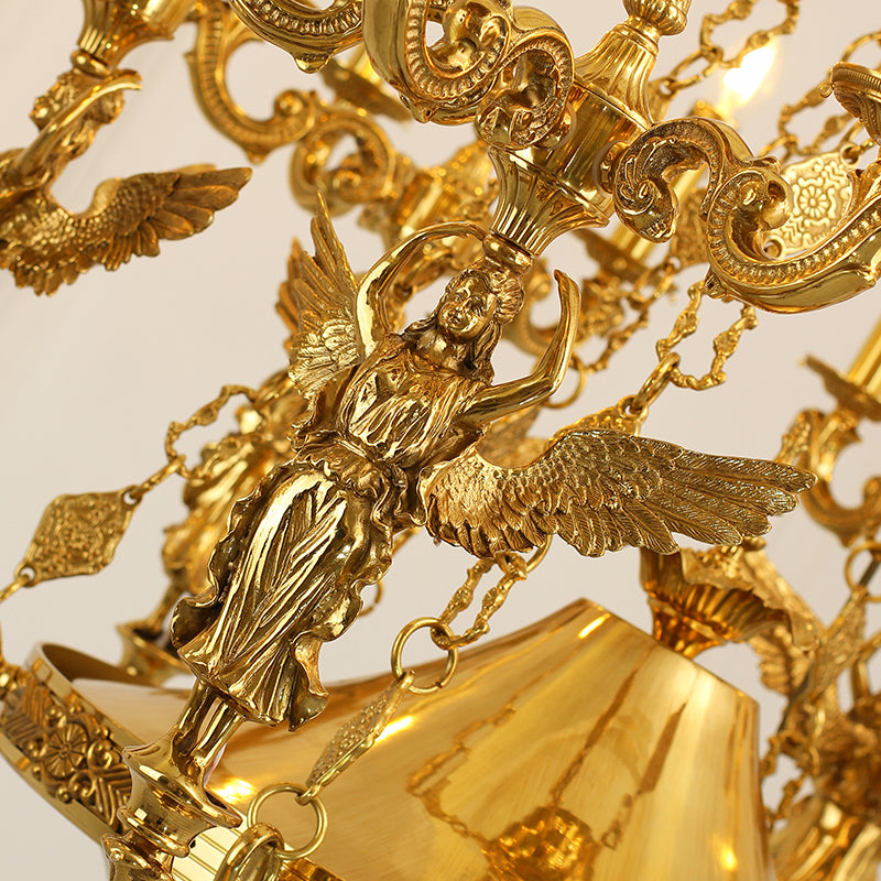 Detailed brass craftsmanship on the vintage brass chandelier