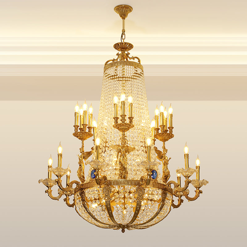 Victorian Majesty chandelier illuminated, showcasing the luxurious crystal embellishments.