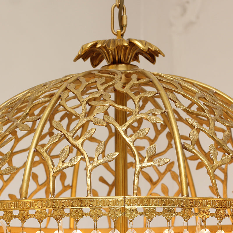Close-up of brass and crystal details on the victorian pendant light