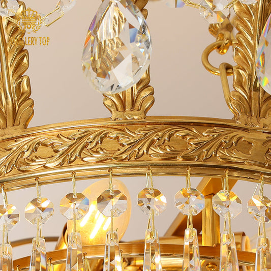 Close-up of the Victorian Reverie Pendant Lamp’s brass and crystal details