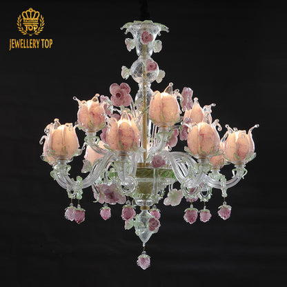 Murano Floral Glass Chandelier Pink&Green