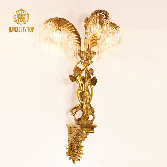 French brass crystal wall lamp with palm leaf