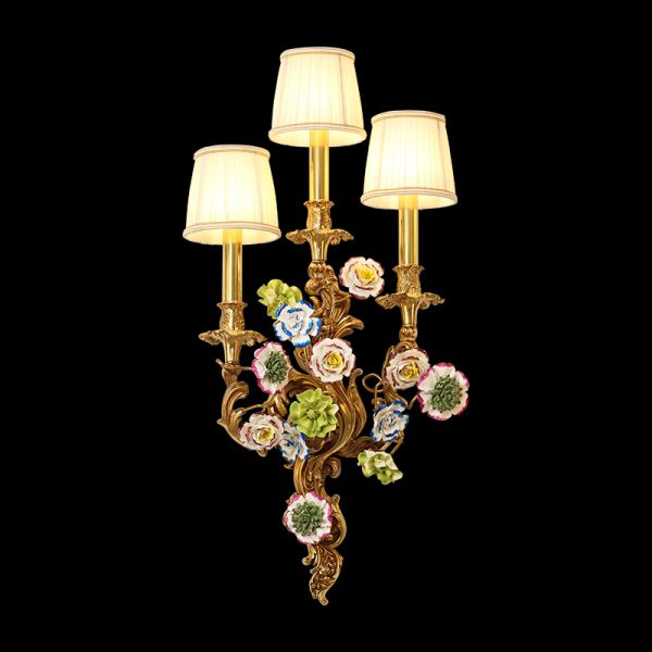 ceramic flower decoration brass wall lamp