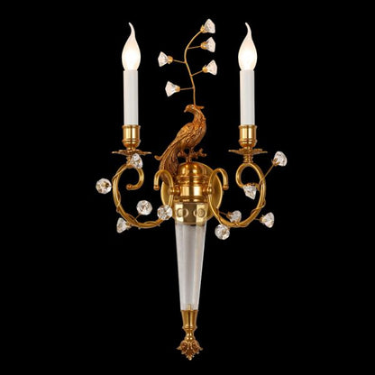 French Brass Peacock Crystal Decorative Wall Lamp