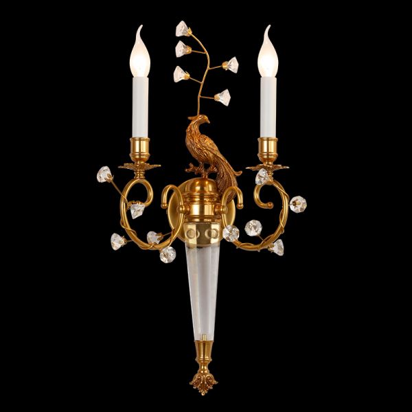 French Brass Peacock Crystal Decorative Wall Lamp