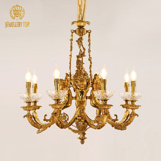 19th century antique brass chandelier with cherub details.