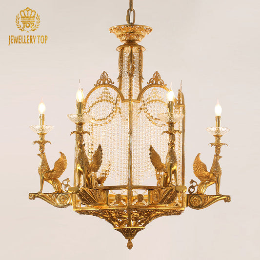19th Century Griffin Vintage Brass Chandelier Illuminated View