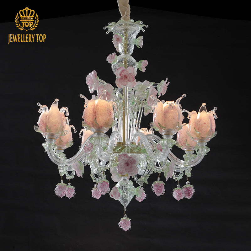 Murano Floral Glass Chandelier Pink&Green