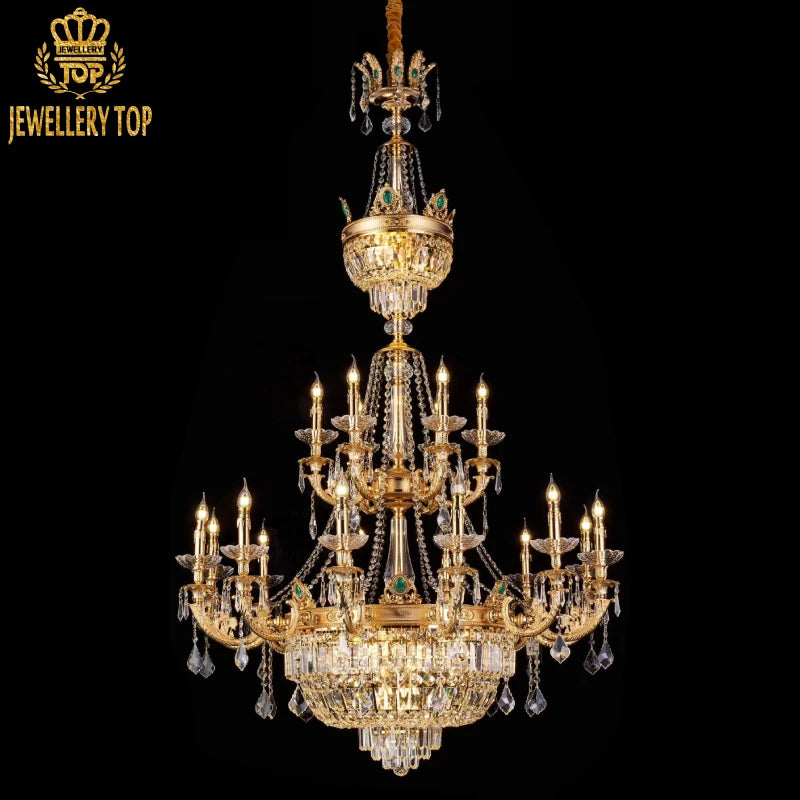 Celestial Versailles Crystal Brass Chandelier with cascading prisms and gilded brass arms