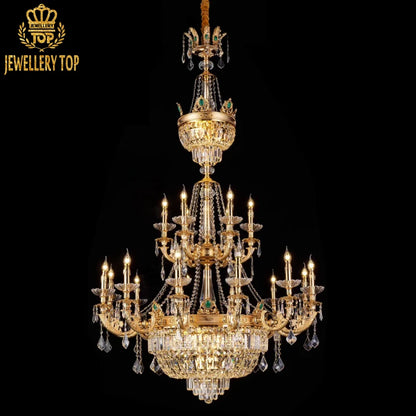 Celestial Versailles Crystal Brass Chandelier with cascading prisms and gilded brass arms