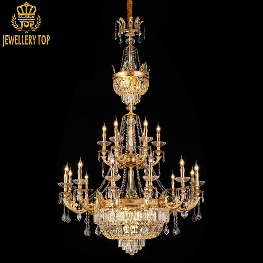 Celestial Versailles Crystal Brass Chandelier with cascading prisms and gilded brass arms