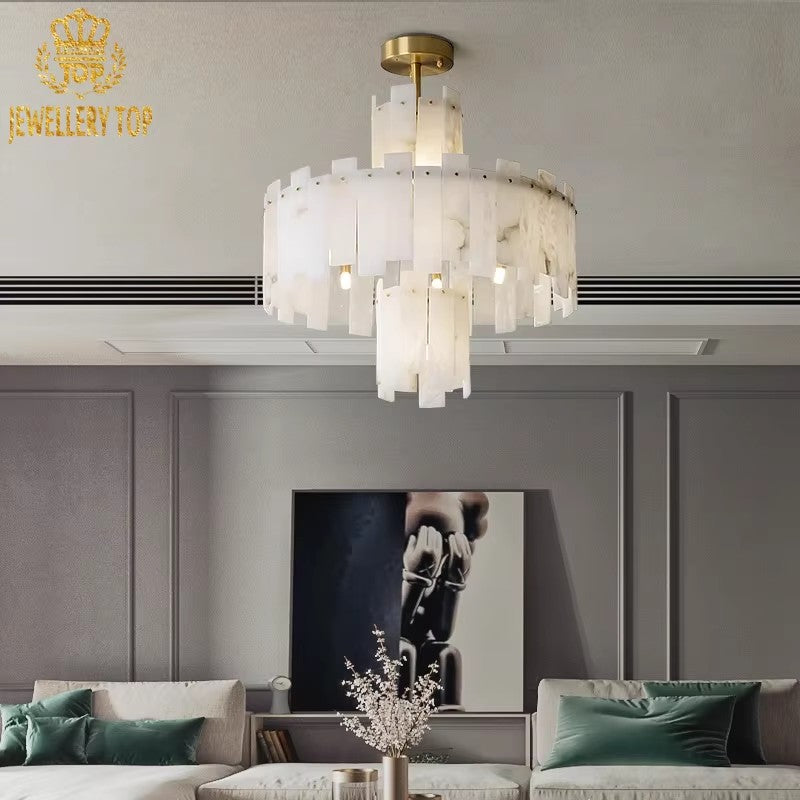 Tiered Odessa Cascade Alabaster Chandelier featuring descending alabaster plates