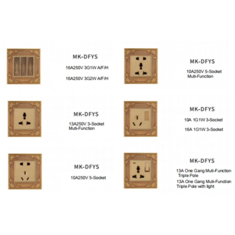 Multi-gang brass electrical receptacle with toggle switches and indicators