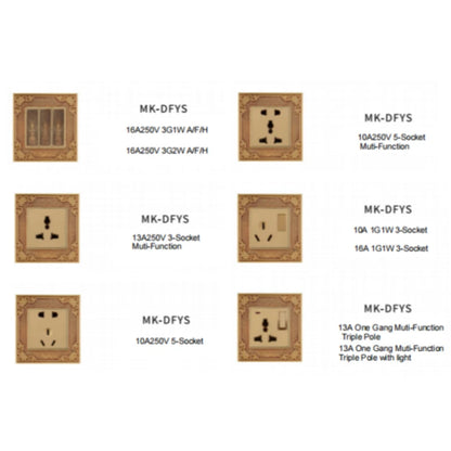 Multi-gang brass electrical receptacle with toggle switches and indicators