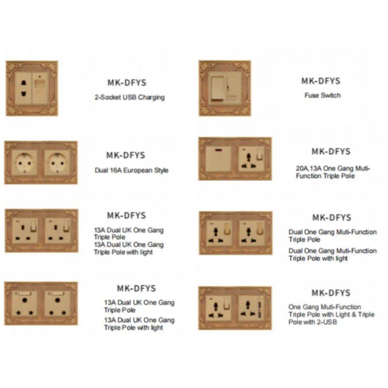 Multi-gang brass electrical receptacle with toggle switches and indicators