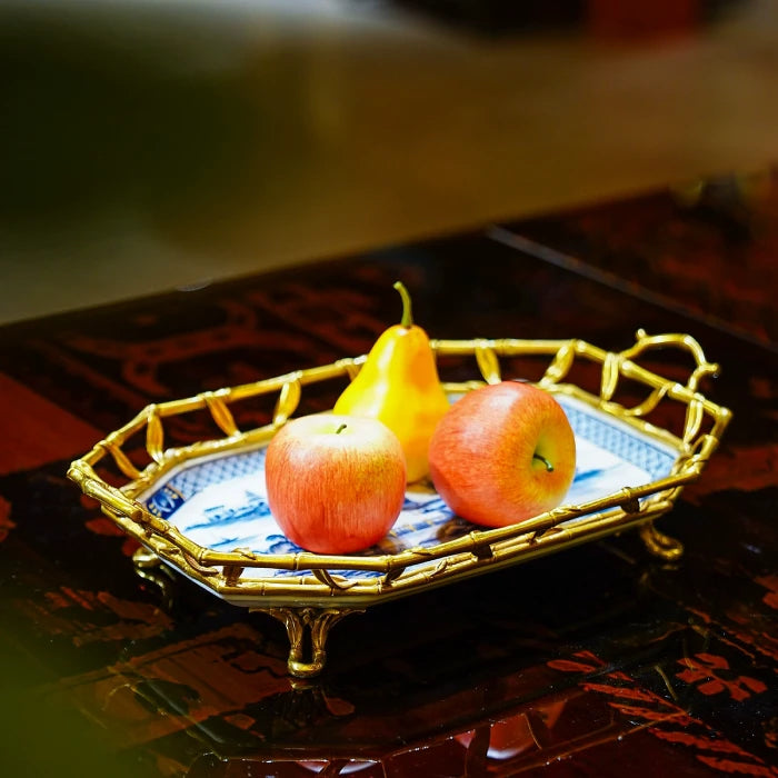 Full perspective of decorative tray featuring brass bamboo-joint edges and oriental-inspired patterns