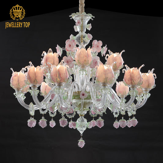 Murano Floral Glass Chandelier Pink&Green