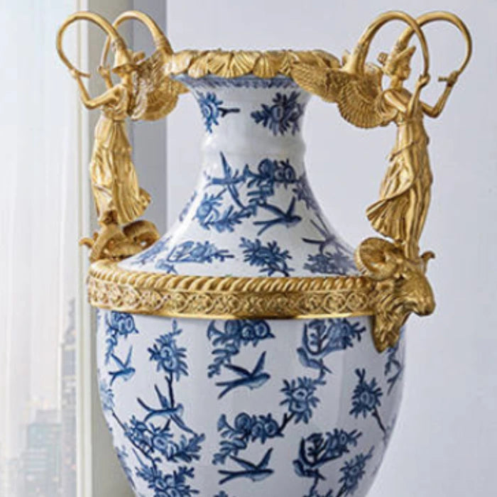 Big size ceramic vase with classical blue white designs and ornate brass base