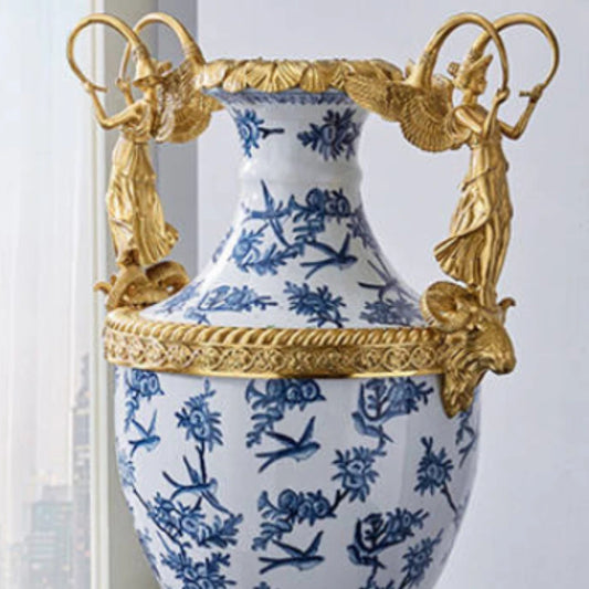 Big size ceramic vase with classical blue white designs and ornate brass base