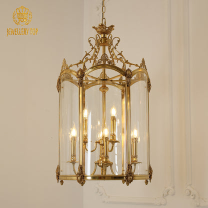 Classic Georgian lantern pendant lamp with intricate brass detailing and clear glass panels.