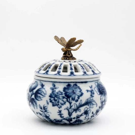 New Chinese style aroma stove featuring intricate blue iris and lily designs