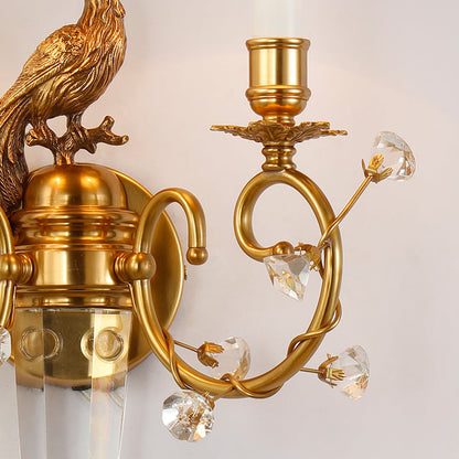 French Brass Peacock Crystal Decorative Wall Lamp