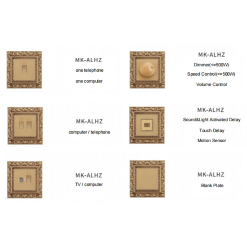 Brass wiring device with carved border and European-style socket outlet